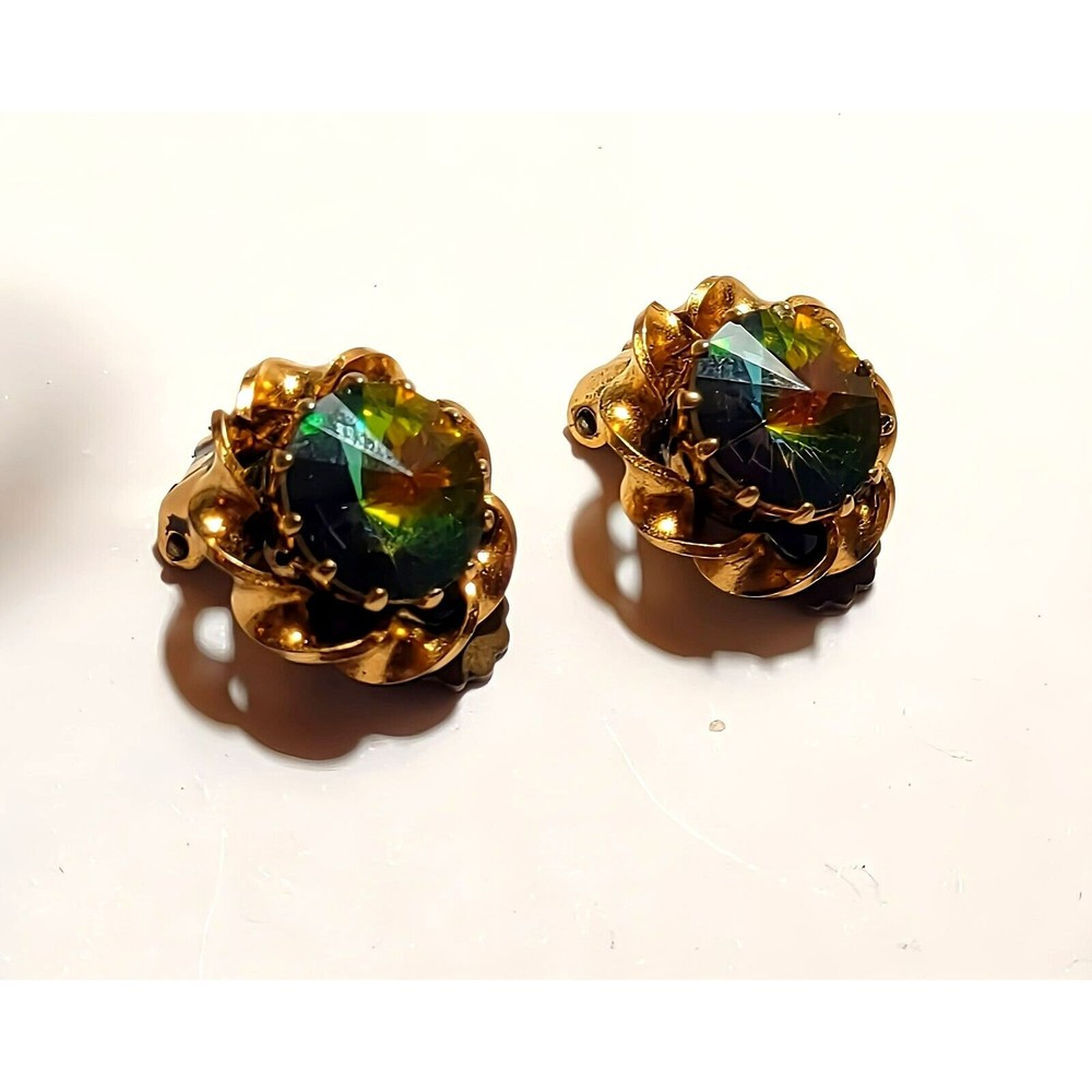 Vintage Watermelon Rivoli Gold Tone Clip On Earrings